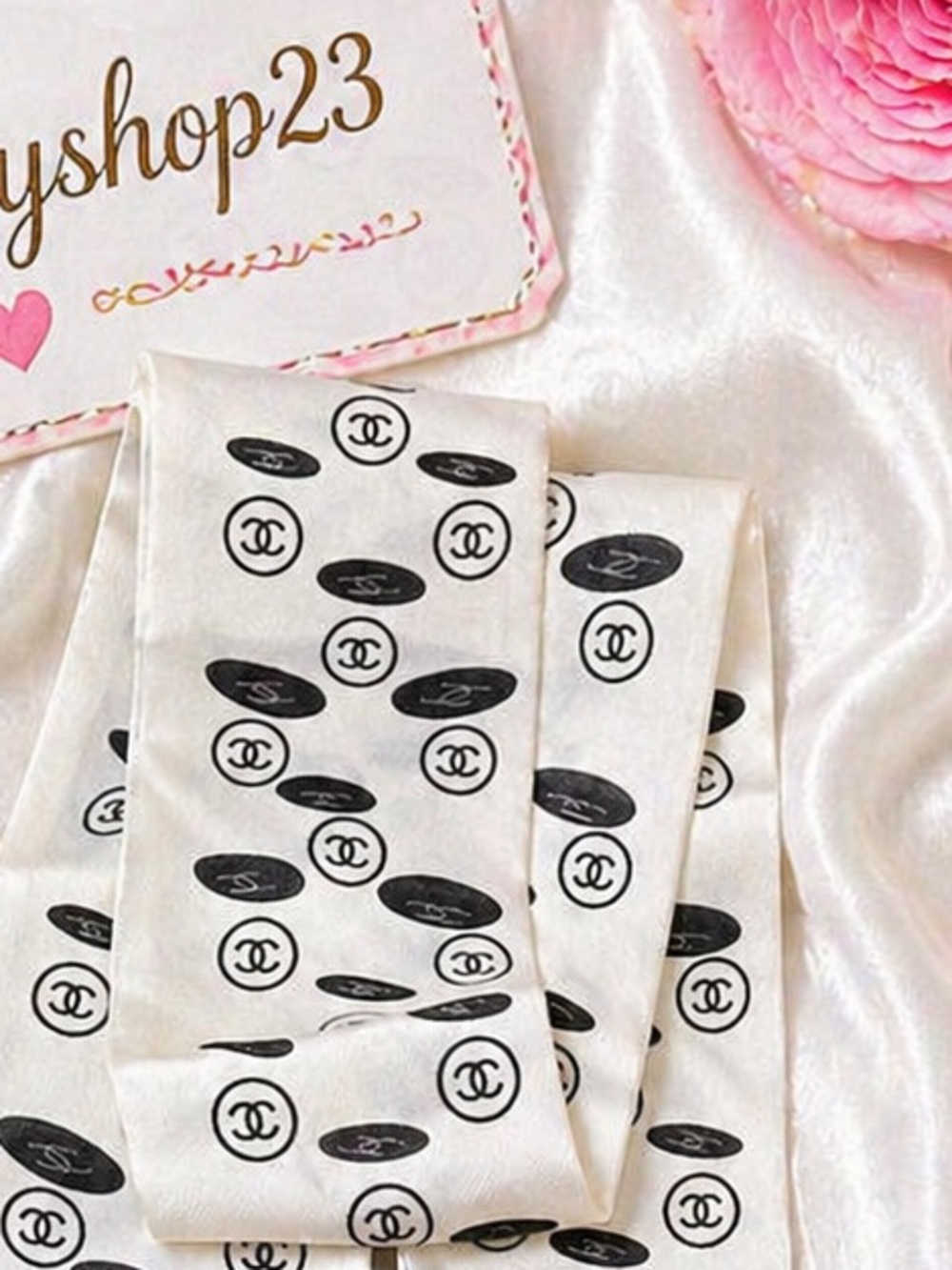 Chanel White & Black Logo Silk Scarf - Picture 2 of 4